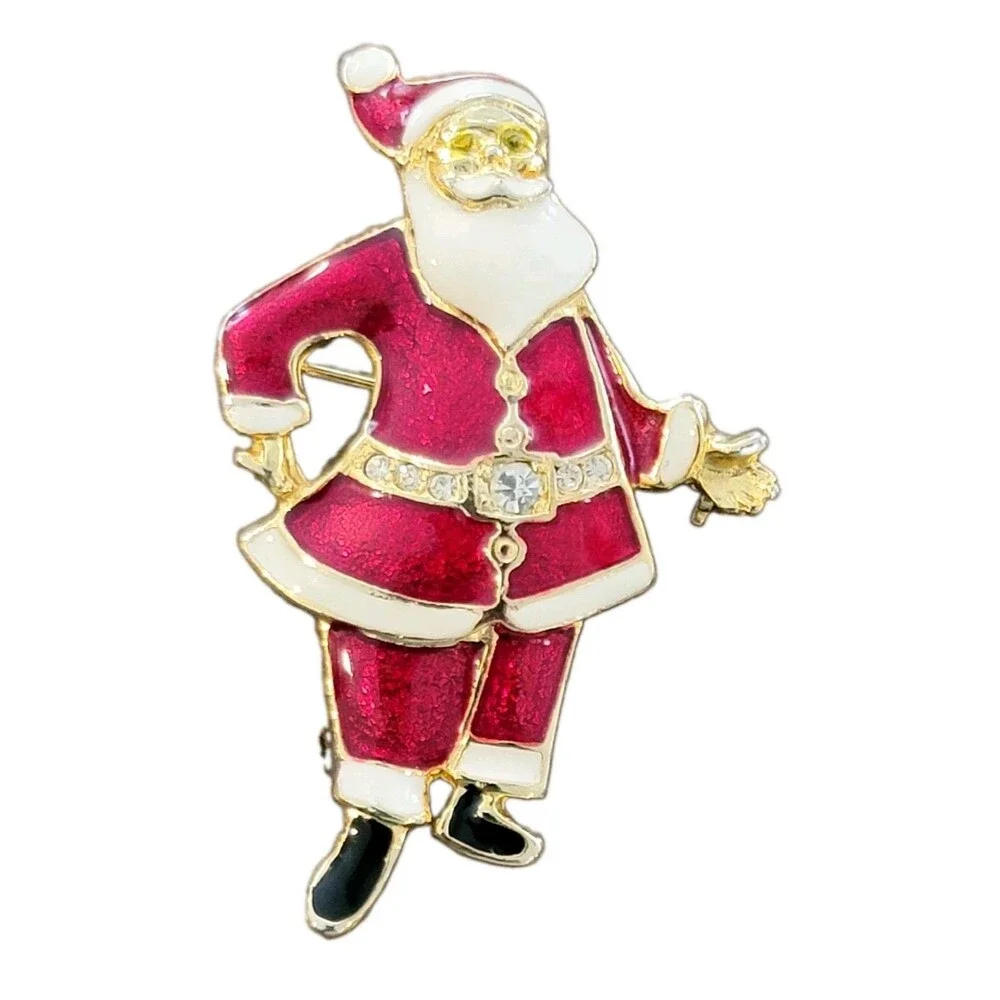 Santa Claus Brooch Pin Enamel & Rhinestones Christmas Holiday